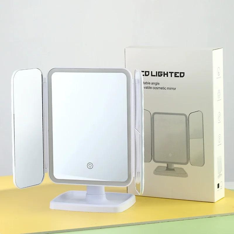 Folding LED Makeup Mirror 3 Tone Lights Portable Compact Desktop Vanity Mirror Magnifying Rotable Lighted Makeup LED Mirror