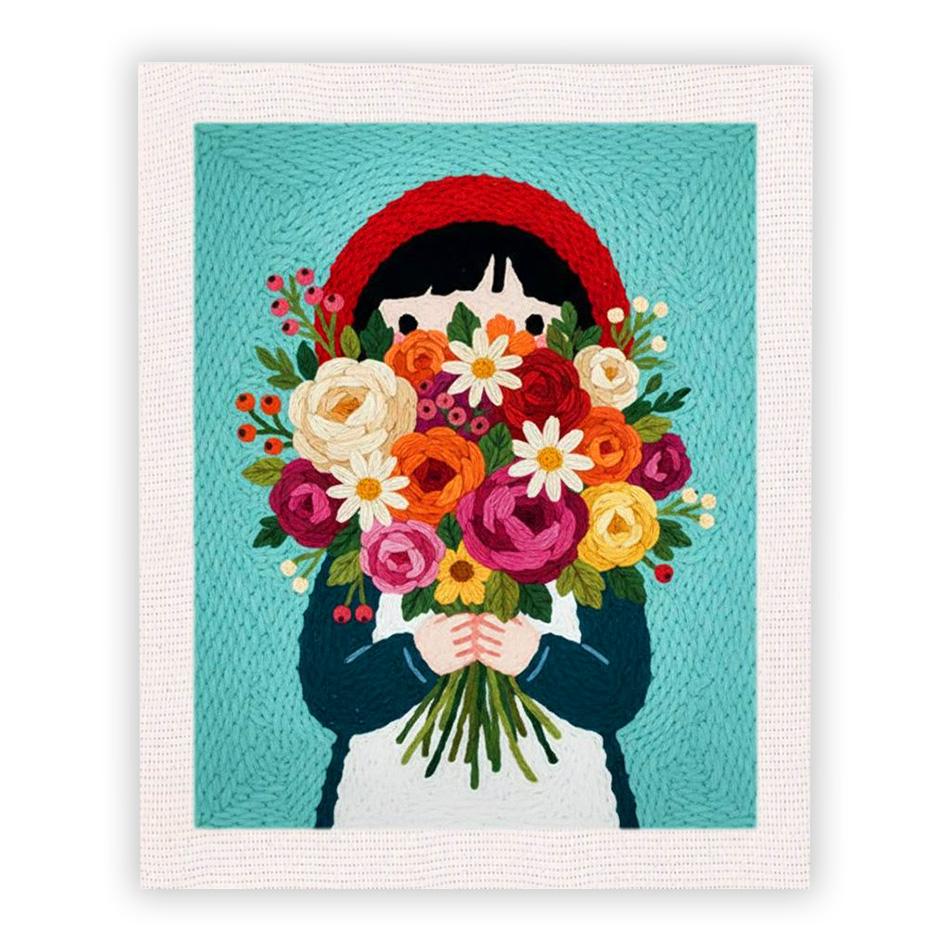 

Punch Needle Kits for Beginners Cute Flower Girl with Frame Embroidery Punch Needle Starter Craft Set Easy for Adults Wall Art G 25x30cm