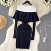 Women Chic Elegant Solid O Neck Long Sleeve Ruffle Patchwork Bodycon Dress Sexy Fashion Knit Elastic Slim Hip Wrap Dress