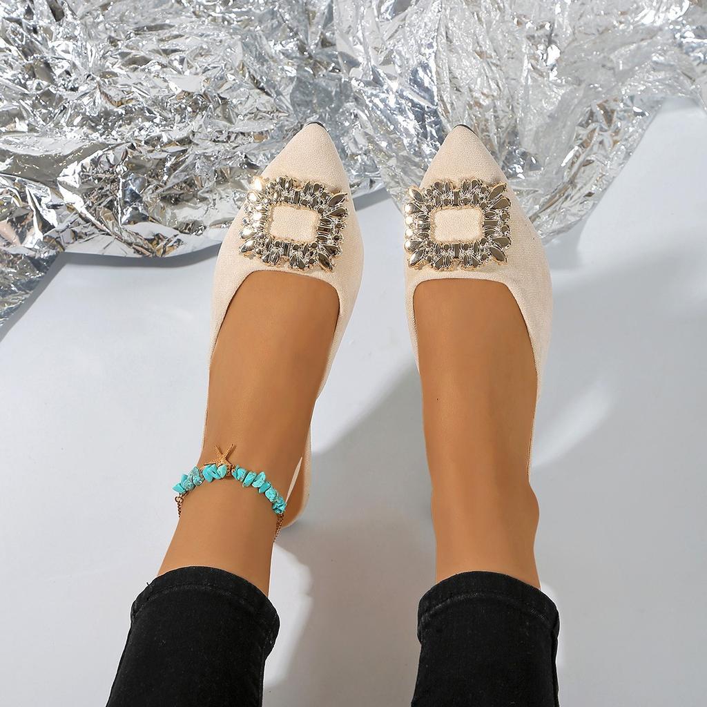 2025 new summer casual flat-bottomed bag head sandals women's fashion rhinestone square buckle large size pointed sandals women