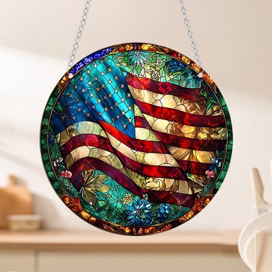 4 Temmuz Yurtsever Amerikan Bayrağı Güneşlik, Akrilik Vitray Tarzı Pencere Asma Dekorasyonu, Bağımsızlık için Mavi Beyaz Kırmızı Güneşlik Paneli