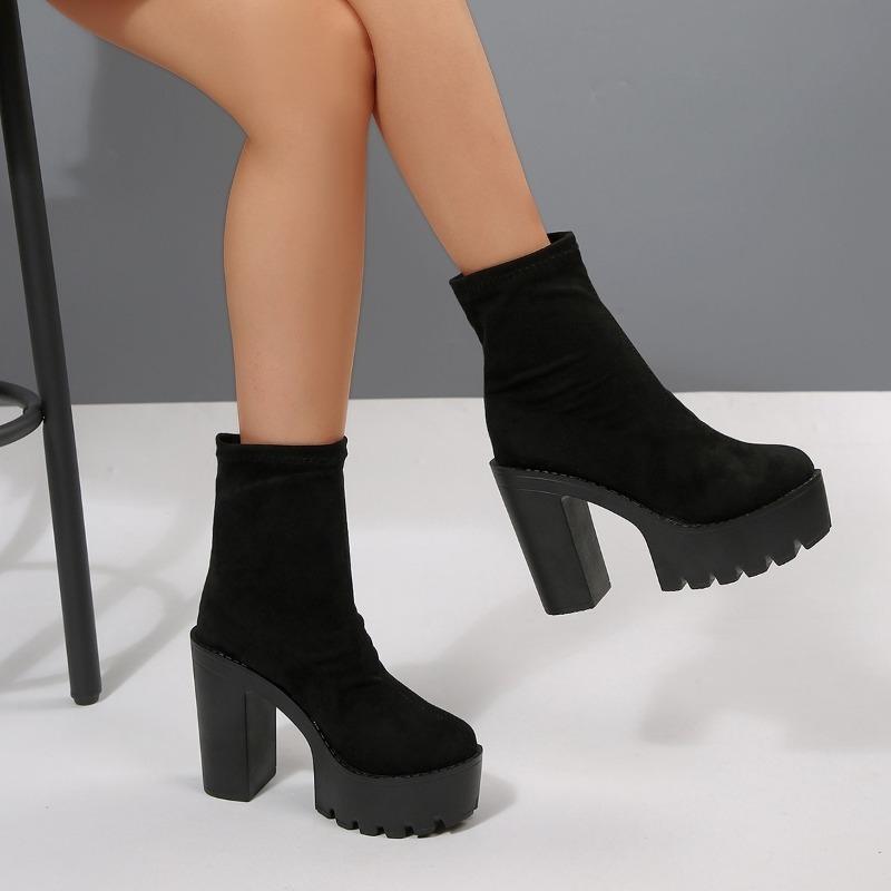 Plus Size High Heeled Fashion Boots Women's Autumn New Round Toe Suede Sleek Platform Skinny Booties