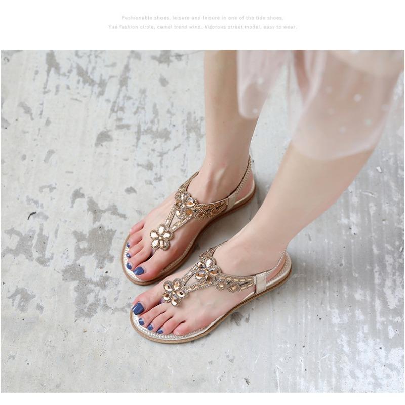 Women's Rhinestone Flower Thong Sandals Elastic Ankle Strap Comfort Flat Sandals