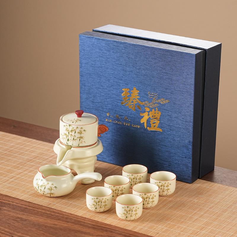 

Semi-automatic Kung Fu Lazy Tea Set Huang Ru Golden Silk Set Household High-end Stone Grinding Teapot Enterprise Souvenir