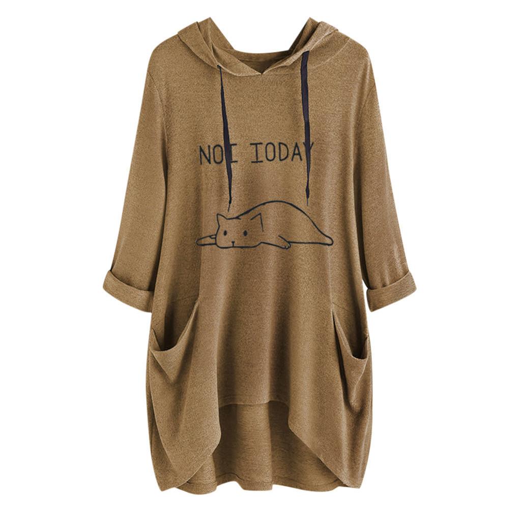 Women Casual Lying Cat Printed Long Sleeve Cat Ear Hooded Sweatshirt Pocket Tops