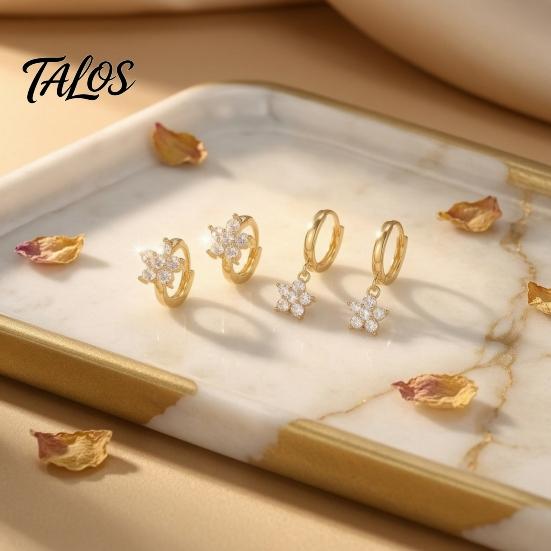 Gold Plated Hoop Earrings for Women 3 Pairs Star Zirconia Flower Drop Earrings, Minimalist Dangle Versatile Earring Set Daily Wear Women,