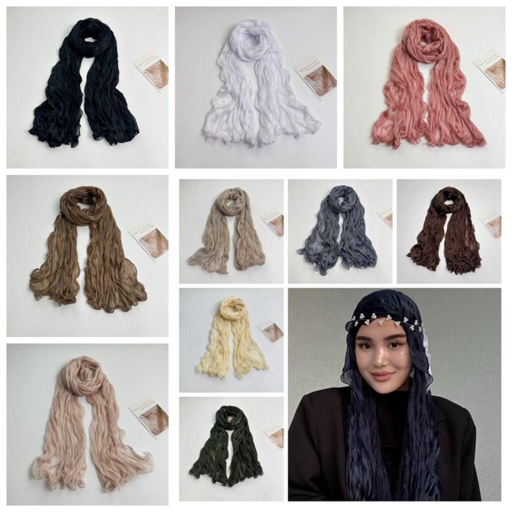 Fashion Solid Color Shiny Bubble Crepe Hijab Long Sunscreen Africa Headband Breathable Thin Muslim Wraps Shawl Women