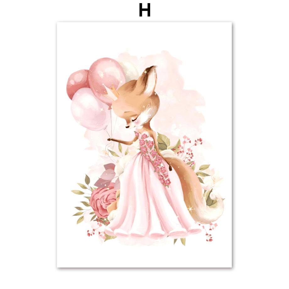 Kawaii Fawn Bunny Fox Princess Crown Wall Art Canvas Painting Posters and Prints Nordic Children's Room Decoration Pictures