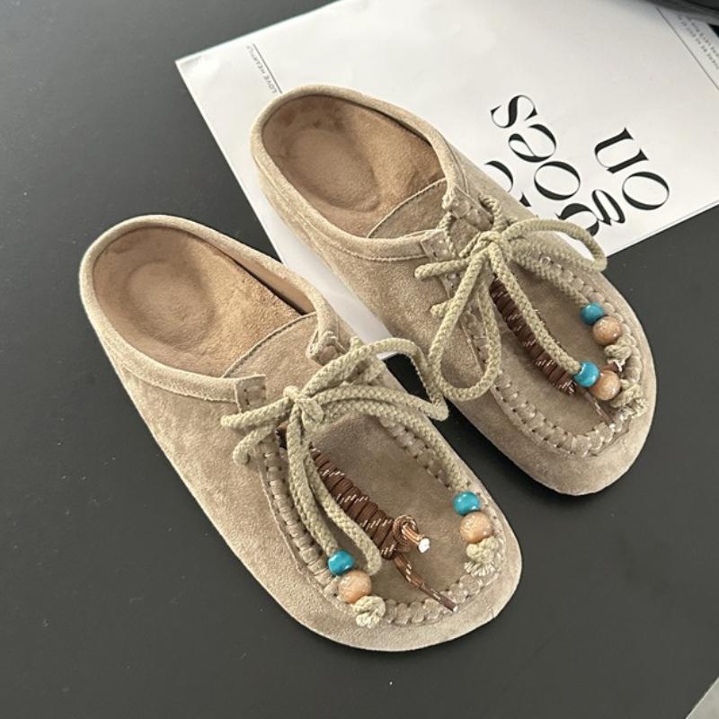 

Fashion Fashion String Bead Lacing Flat Slippers Women High Quality Faux Suede Brand Designer Shoes Comfort Soft Sole Ethnic Casual Shoe 35 хаки