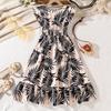 Sweet Dress for Girls, Autumn Children's Fashion V-neck Butterfly Sleeve Striped Pleated Waist Dress