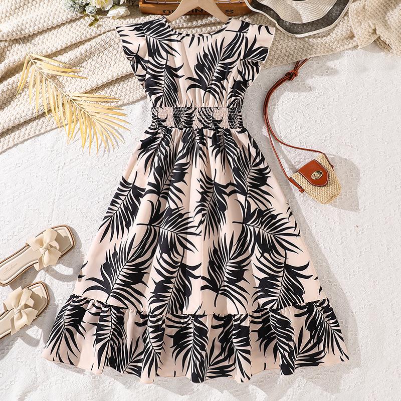 Sweet Dress for Girls, Autumn Children's Fashion V-neck Butterfly Sleeve Striped Pleated Waist Dress