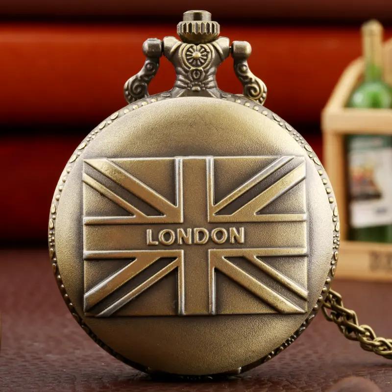Vintage Bronze London Quarz Taschenuhr Arabische Ziffern Zifferblatt Nostalgischer Halskettenanhänger Geschenk Serie