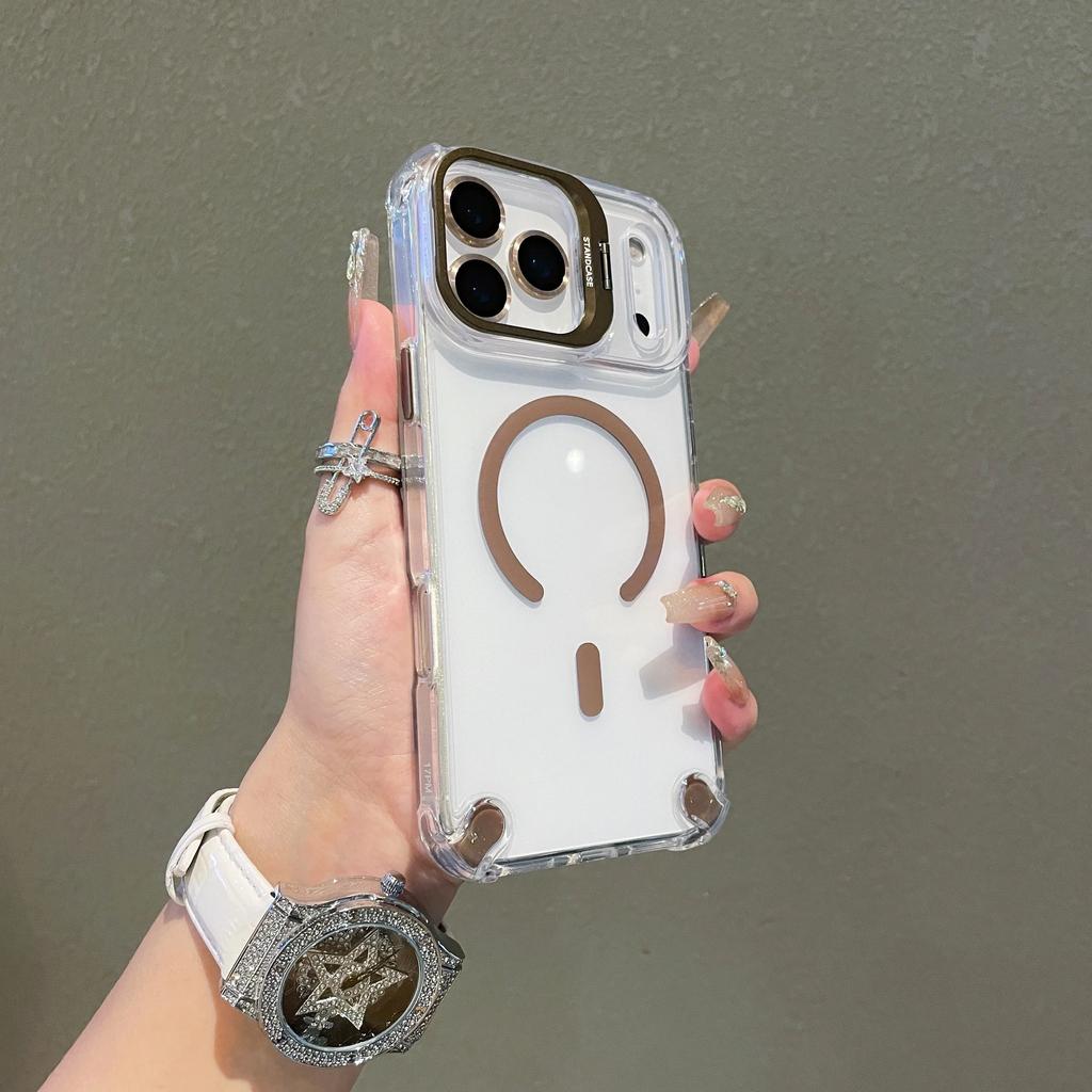 For Magsafe Shockproof Magnetic Phone Case for IPhone 17 16 15 Plus 14 13 12 Pro Max 17Air with Glass Lens Protect Stand Cover