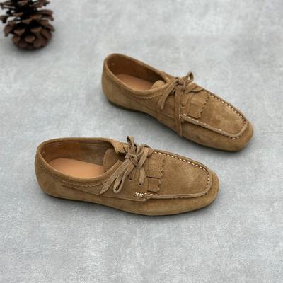 Handmade Women's Loafers Cow Suede Square Toe Flat Shoes For Women Comfortable  Shallow Mouth Soft Sole Female Moccasins