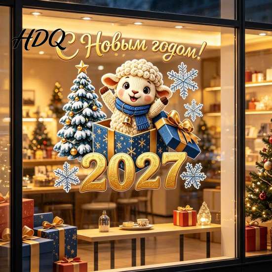 Removable Window Film for Home Russian New Year Sheep Cling 2027 PVC Static Sticker with Scratch Resistant Bathroom Decals Tree and Snowflake