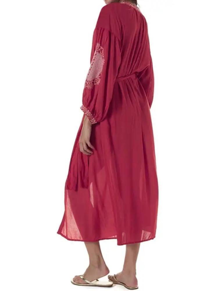 EDOLYNSA Rød bohemsk brodert front åpen Langermet strandkjole LongTunic Dame Plus Size Beachwear Badedrakt Cover Up Q1010