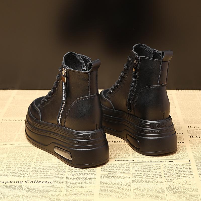 8CM  New Fashion Women Combat Boot Platform Sneakers Spring Autumn Warm Fur Winter Ankle Booties Genuine Leather Women Shoes