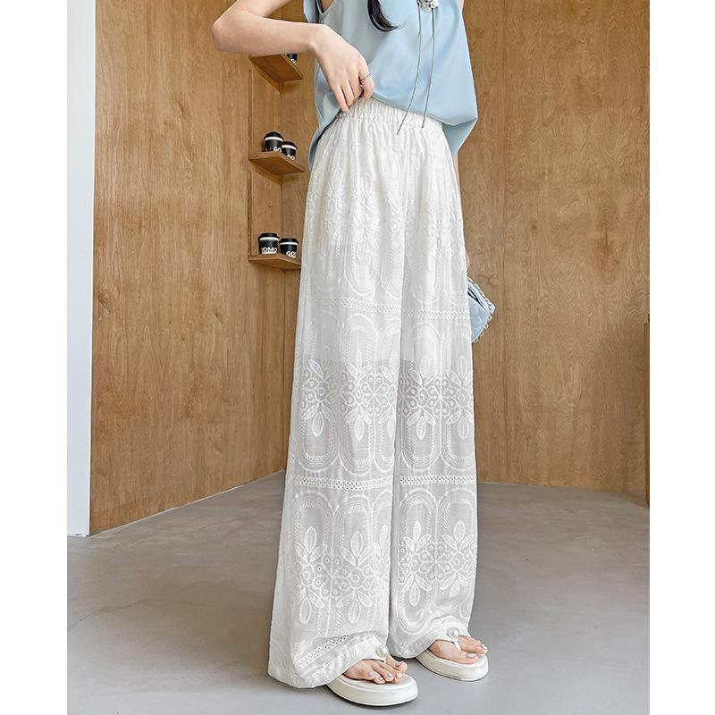 White Summer Lace Jacquard Embroidered Wide-Leg Pants for Tall Women