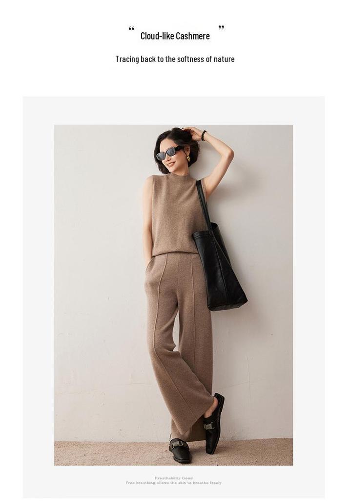 Women's Sleeveless Cashmere Wool Vest - Autumn/Winter High Neck Knit Sweater Base Layer