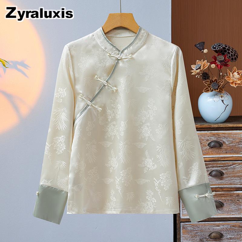 New Chinese Style Outer Shirt for Women, Lightweight Satin Textured Dressy Top, Retro Slanted Collar Button-Down Autumn Undershirt