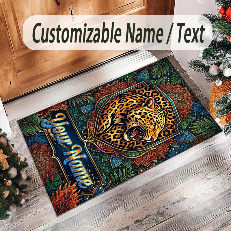 Leopard Theme Crystal Velvet Floor Rug Personalized Custom Name Text Warm Carpet Home Decoration