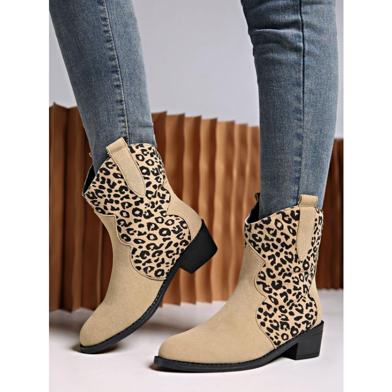 Women's Plus Size Mid Heel Women's Boots Autumn and Winter New Leopard Print Block Heel Martin Boots Pointed Mid Leg Boots