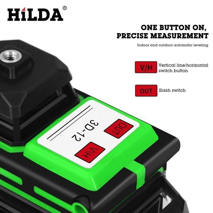 HILDA Laser Level 12 Lines 3D Self-Leveling 360 Horizontal and Vertical Cross Super Powerful Green Laser Level