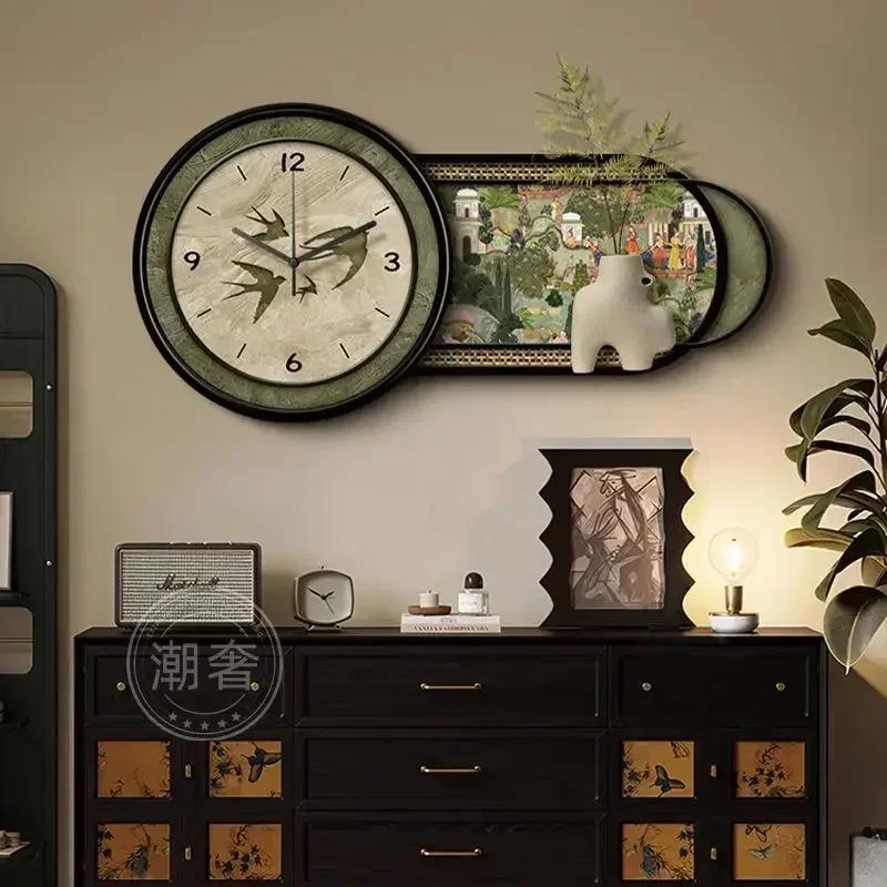 Chinese Retro Home Decor Wall Clock Living Room Decoration Three-dimensional Sandstone Decorative Painting Wall Clock