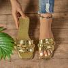 Fashion 2025 Summer Flat Bottom Women's Slippers Trend Fashion Outdoor Beach Golden Chain Design Flip-Flops Square Toe Open Toe Slippers