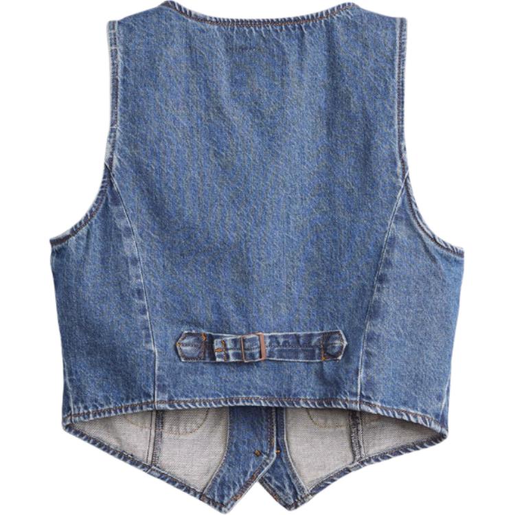 Levis Washed V-Neck Single-Breasted Sleeveless Vest Women Vests Blue A8749-0013