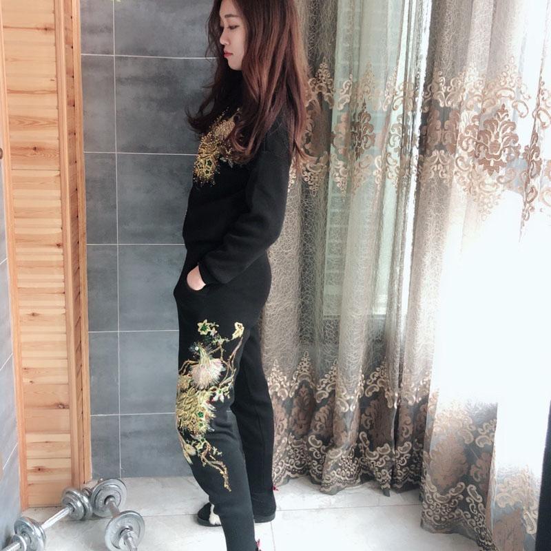 2pcs/set Women Phoenix Beaded  Tracksuit Casual Sports Suit O-neck Sweatershirt Pants Two-piece Set