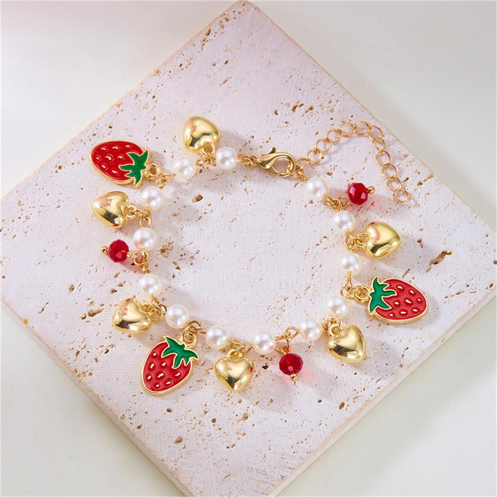 Cute Fruit Heart Charm Bracelets for Women Strawberry Heart Shaped Pearl Chain Bracelet Dainty Gold Plated Jewelry Gift