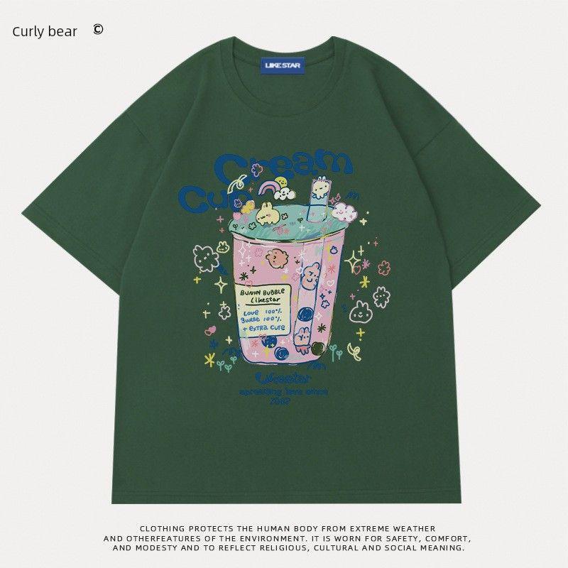 Blue~Heavyweight Pure Cotton Short-Sleeved T-Shirt for Women, New Loose-Fitting American-Style Half-Sleeved Top, Summer T-Shirt for Plus-Size Women