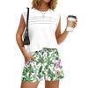 Women’s Casual Round Neck Pleated Top and Hawaiian Print Shorts Two Piece Set Sleeveless Relaxed Fit Summer Outfit