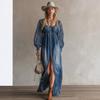 Rochie Maxi Albastră din Denim cu Dantelă, Mânecă Lungă, cu Decupaj la Tiv, Decolteu în Formă de Inimă, Croială Largă 2026