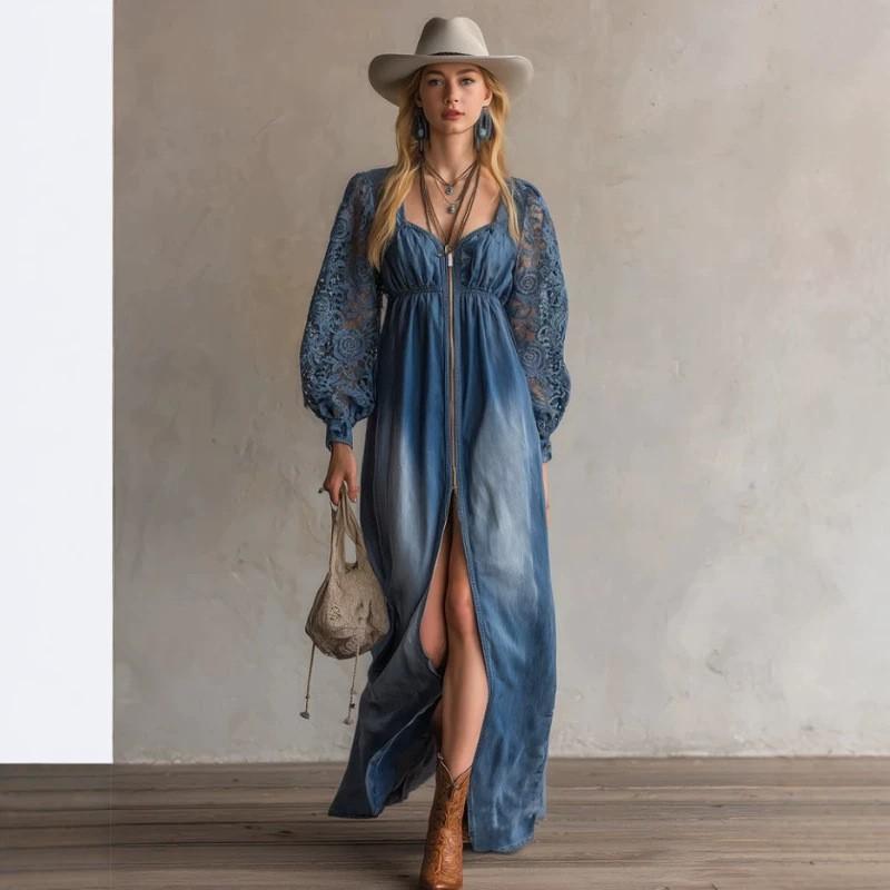 Rochie Maxi Albastră din Denim cu Dantelă, Mânecă Lungă, cu Decupaj la Tiv, Decolteu în Formă de Inimă, Croială Largă 2026
