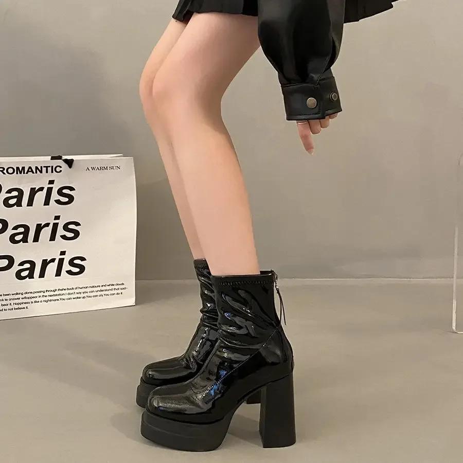 Platform Boot Shoes for Women Modern Western Black Femme Botas Punk Goth Female Winter High Heeled Shoes Round Toe Heels Botines