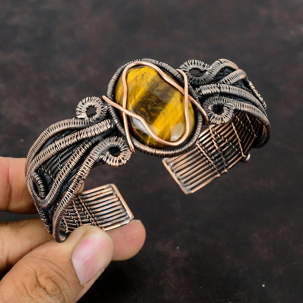 Tigerauge Armreif Edelstein Armreif Kupferdraht gewickelt Armreif verstellbar Armreif handgefertigt Armband Hochzeitsgeschenk Kupferschmuck