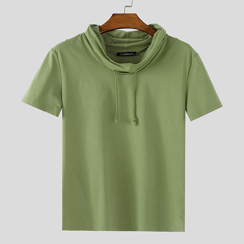 INCERUN Summer Men Drawstring Neck Short Sleeves Casual Fitted Tee Tops