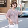 Stylish Chinese Mid-Sleeve Top for Women - Printed, Loose Fit, Petite, Round Neck, Mid-Aged & Elderly Summer Shirt