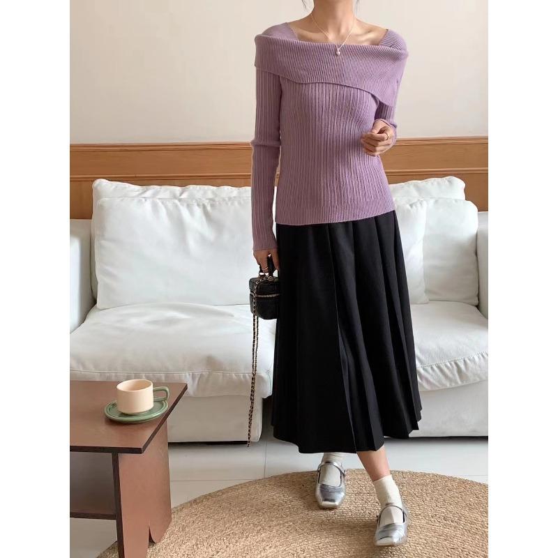 Temperament one-word shoulder base sweater women's autumn and winter inner long-sleeved lapel knitted sweater unique chic top women