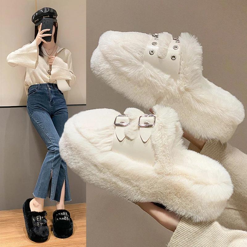Fashion 2024 New Plush Baotou Slippers Fairy Style Outerwear Fashion Buckle Thick Sole Warm Women's Shoes Casual Tenis De Mujer
