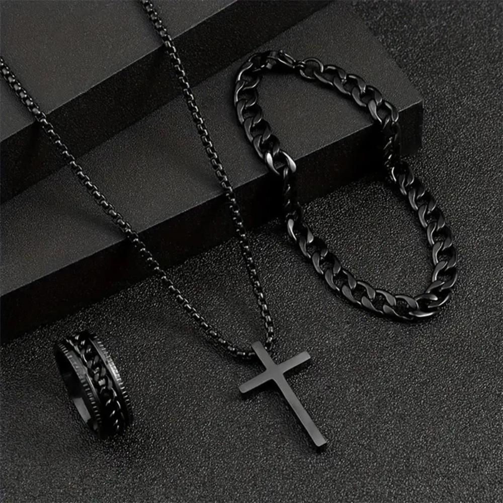 Ensemble 3 pièces Mode Hip-hop Couleur Argent Chaîne Cubaine Pendentif Croix Collier Bracelets Bagues pour Hommes Ensembles de Bijoux Personnalité Cadeaux