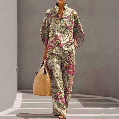 European and American Vintage Heavy Industry Floral Print Two-piece Set: Stand-collar Polo Shirt + Wide-leg Pants Loose Casual Vacation Set