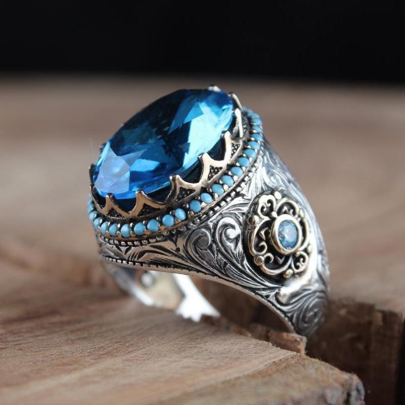 

The 1pc Ring Combines Sea Blue Synthetic Zircon, A Fashionable and Retro Ring 13