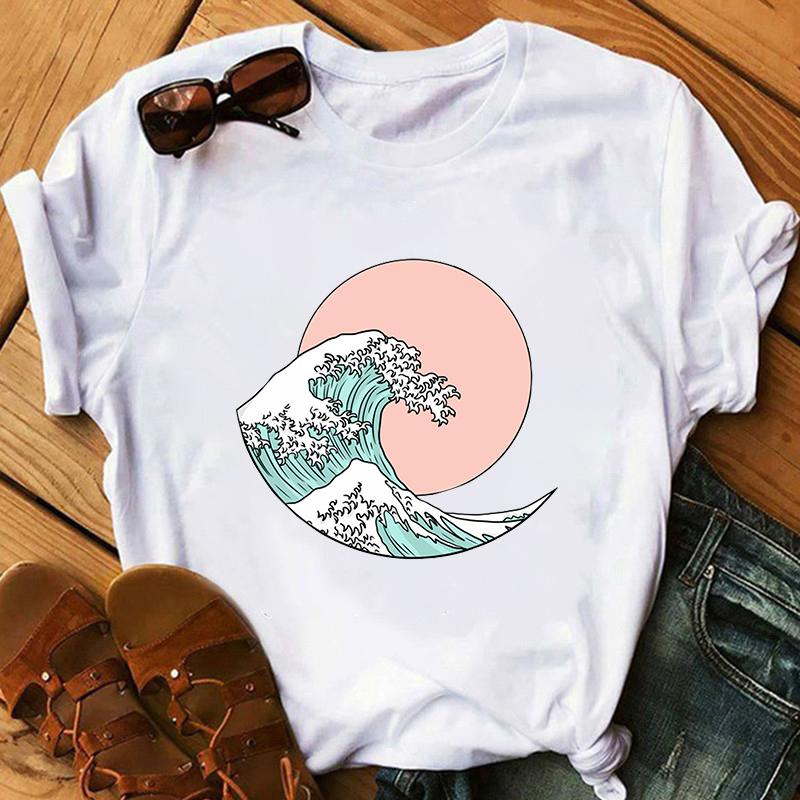 

Harajuku Sea Wave Tshirt Women Summer Hipster T-Shirt Oversized Tops Streetwear Aesthetic Graphic Top O-Collar T-Shirt S білий