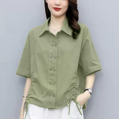 Relaxed-Fit Women's Cotton Linen Blouse, Great for Summer, Oversized with Short Sleeves and Drawstring