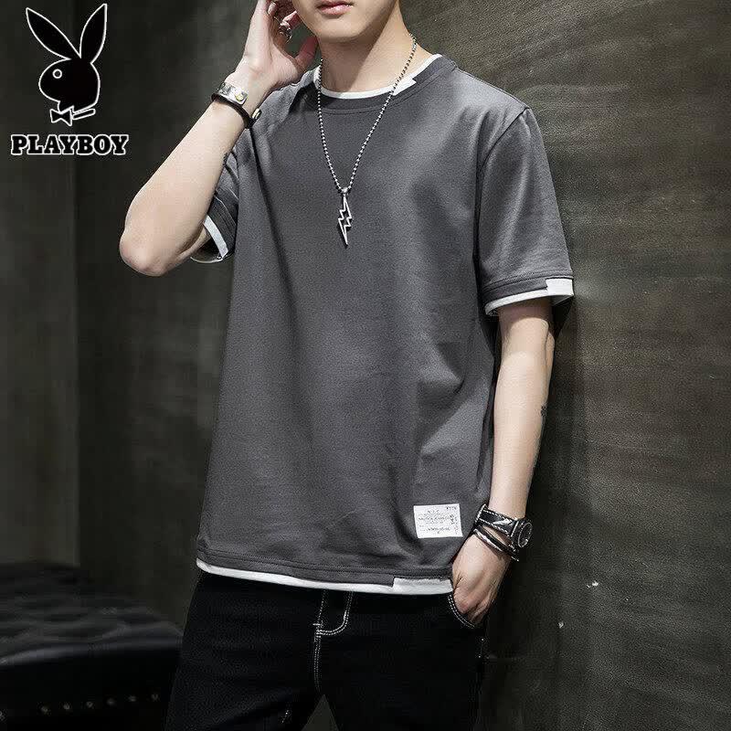 PLAYBOY Men s Faux Two-piece Pure Cotton Short Sleeve T-Shirt 3XL
