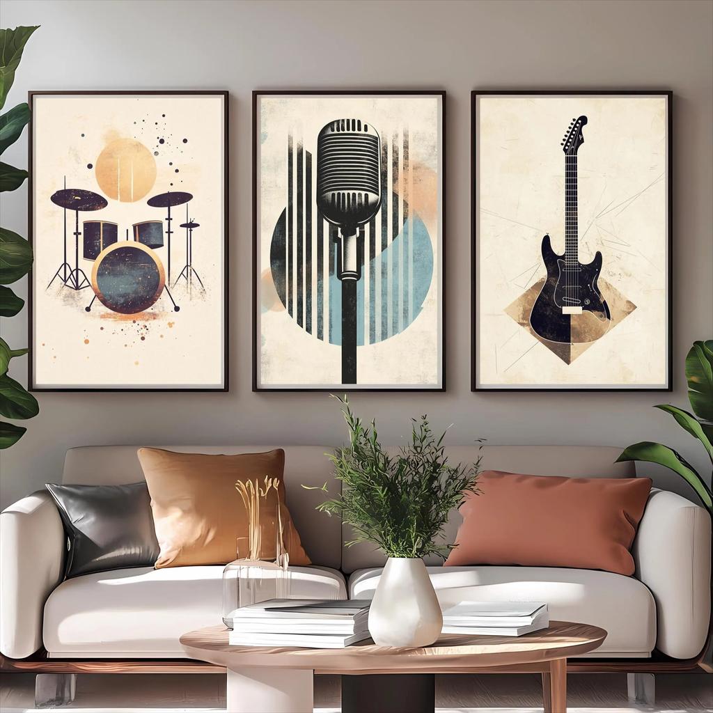 3Pcs Minimalist Boho Music Wall Art,Vintage Watercolor Drum Mic Guitar Canvas Prints,Musical Poster for Studio Living Room Decor