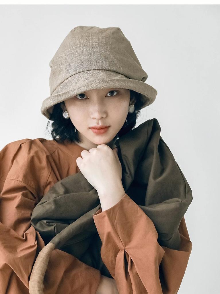 Japanese Cotton Linen Pleated Women Fisherman Hat Small Brim Summer UV Resistant Breathable Linen Bucket Hat Wrapped Head Ladies